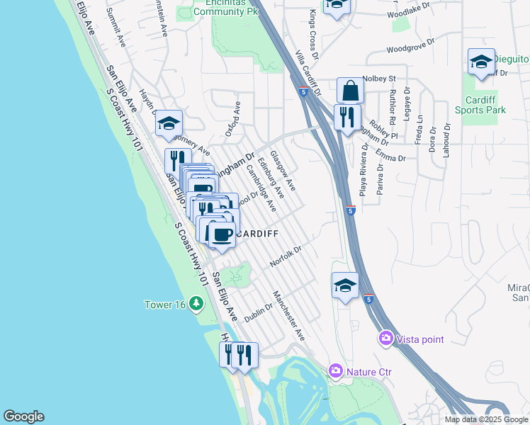 map of restaurants, bars, coffee shops, grocery stores, and more near 2111 Oxford Avenue in Encinitas