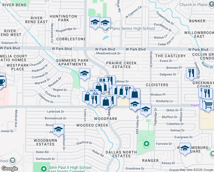 map of restaurants, bars, coffee shops, grocery stores, and more near 2900 Mollimar Drive in Plano