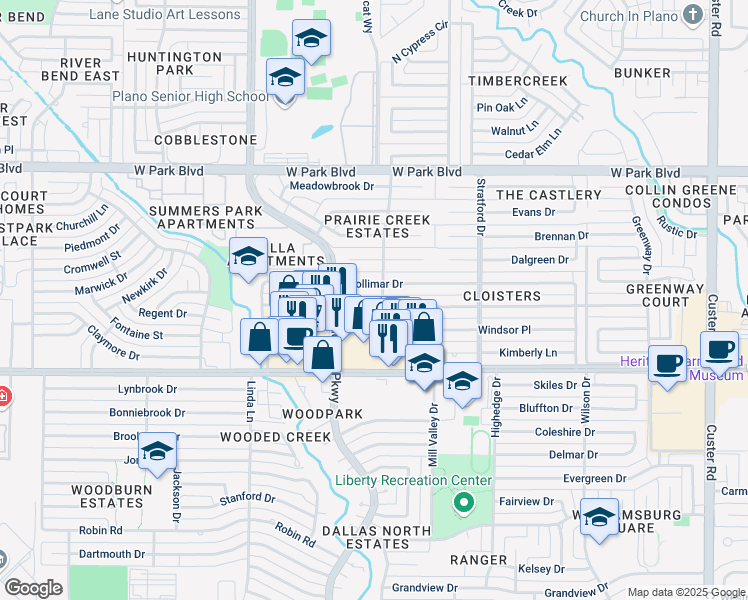 map of restaurants, bars, coffee shops, grocery stores, and more near 2809 Mollimar Drive in Plano