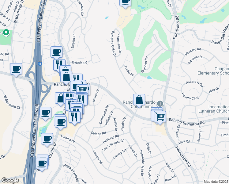 map of restaurants, bars, coffee shops, grocery stores, and more near 12136 Rancho Bernardo Road in San Diego