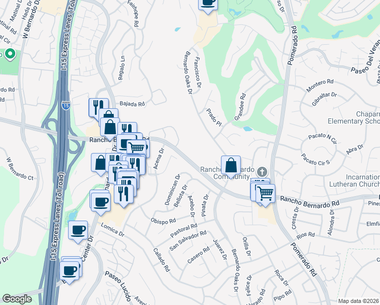 map of restaurants, bars, coffee shops, grocery stores, and more near 12136 Rancho Bernardo Road in San Diego
