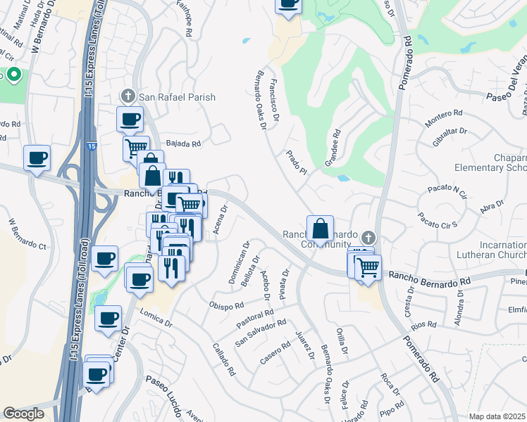 map of restaurants, bars, coffee shops, grocery stores, and more near 12136 Rancho Bernardo Road in San Diego