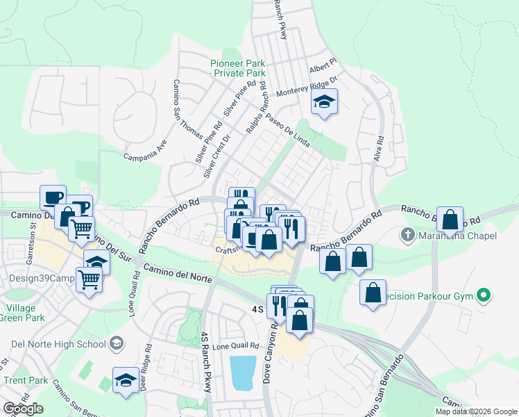 map of restaurants, bars, coffee shops, grocery stores, and more near 16926 4S Ranch Parkway in San Diego