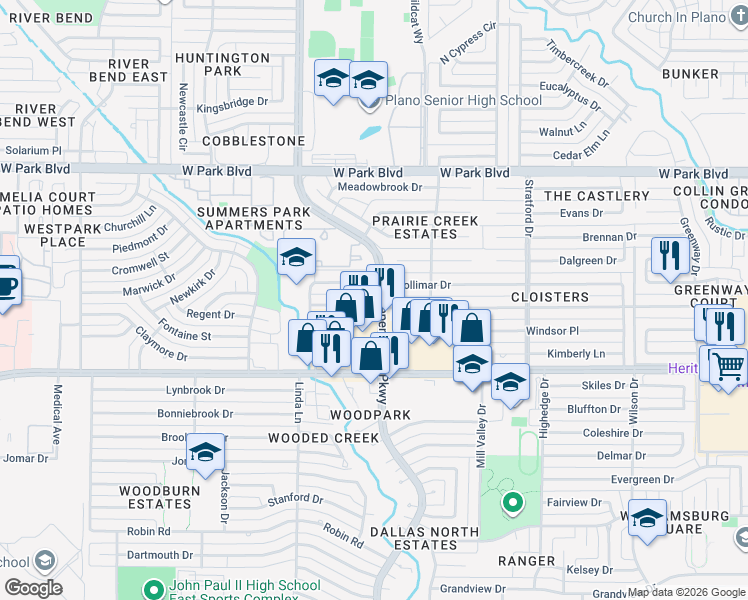 map of restaurants, bars, coffee shops, grocery stores, and more near 2900 Mollimar Drive in Plano