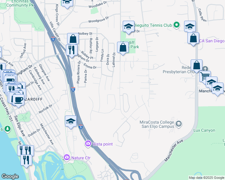 map of restaurants, bars, coffee shops, grocery stores, and more near 1959 Lahoud Drive in Encinitas