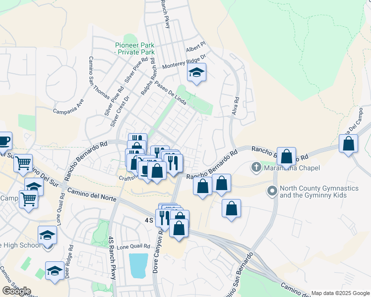 map of restaurants, bars, coffee shops, grocery stores, and more near 10442 Duxbury Lane in San Diego