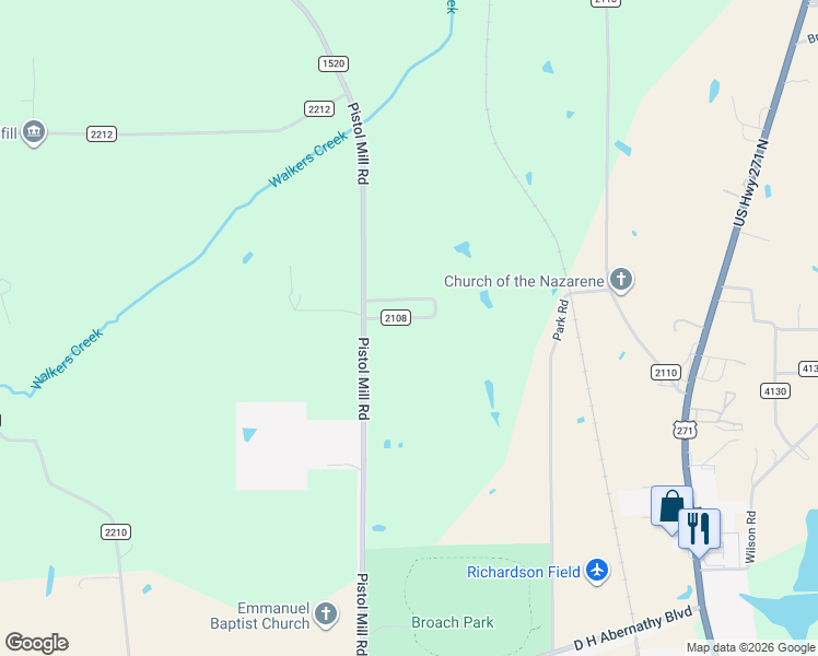 map of restaurants, bars, coffee shops, grocery stores, and more near 238 County Road 2108 in Pittsburg