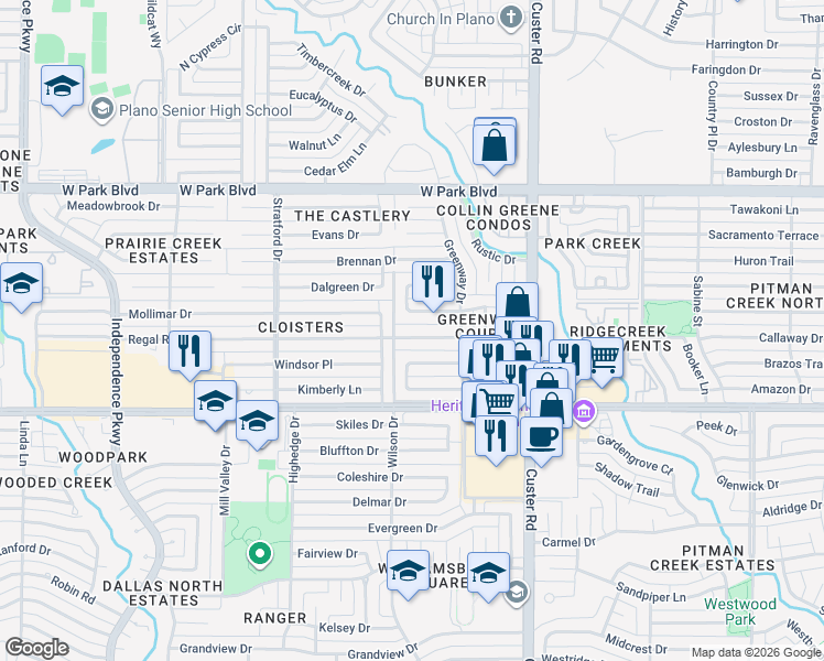 map of restaurants, bars, coffee shops, grocery stores, and more near 2320 Monticello Circle in Plano