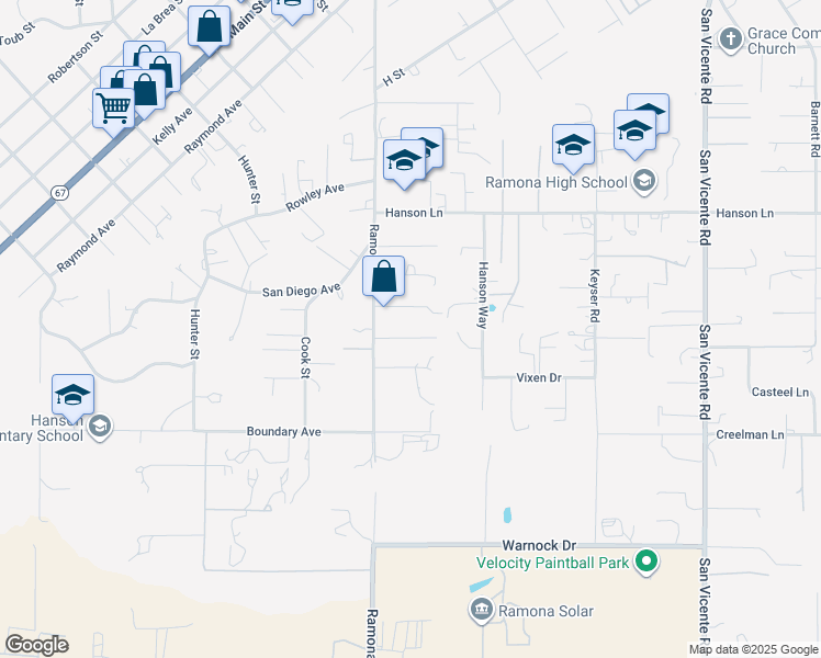 map of restaurants, bars, coffee shops, grocery stores, and more near 1228 Ramona Street in Ramona