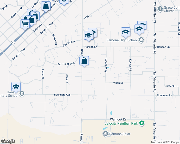 map of restaurants, bars, coffee shops, grocery stores, and more near 1228 Ramona Street in Ramona