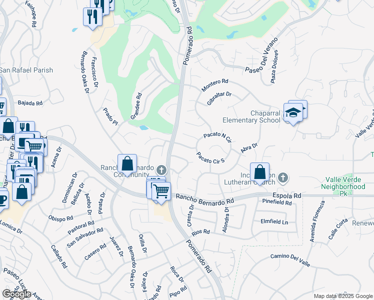 map of restaurants, bars, coffee shops, grocery stores, and more near 12567 Pomerado Court in San Diego