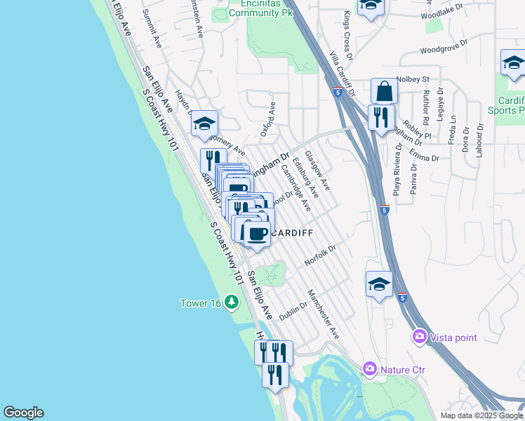 map of restaurants, bars, coffee shops, grocery stores, and more near Manchester Ave & Liverpool Dr in Encinitas