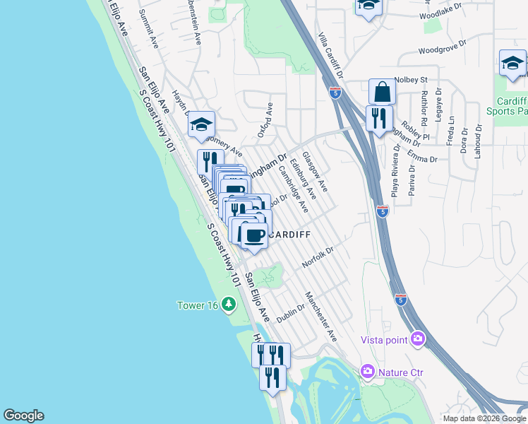 map of restaurants, bars, coffee shops, grocery stores, and more near 2080 Montgomery Avenue in Encinitas