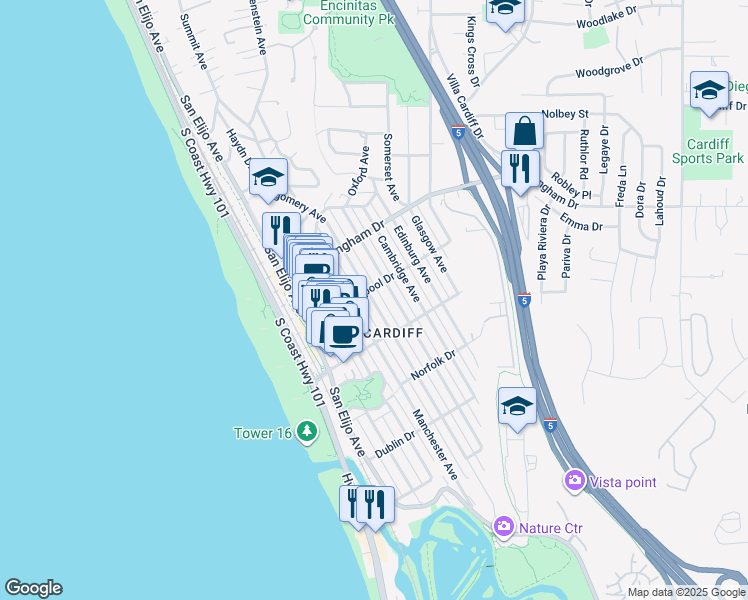 map of restaurants, bars, coffee shops, grocery stores, and more near 2111 Oxford Avenue in Encinitas