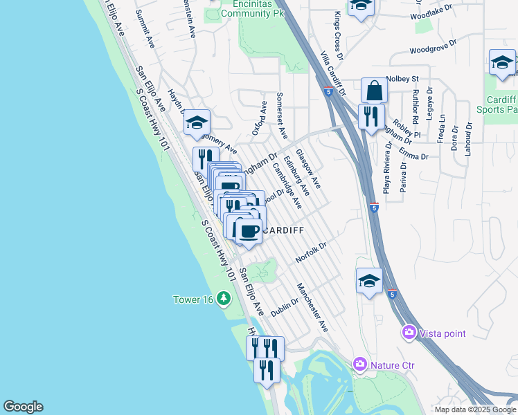 map of restaurants, bars, coffee shops, grocery stores, and more near 2080 Montgomery Avenue in Encinitas