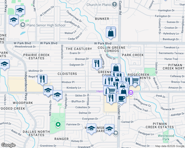 map of restaurants, bars, coffee shops, grocery stores, and more near 2320 Monticello Circle in Plano