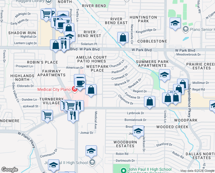 map of restaurants, bars, coffee shops, grocery stores, and more near 3621 Marwick Drive in Plano