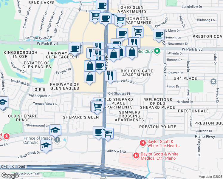 map of restaurants, bars, coffee shops, grocery stores, and more near 4700 Preston Park Boulevard in Plano