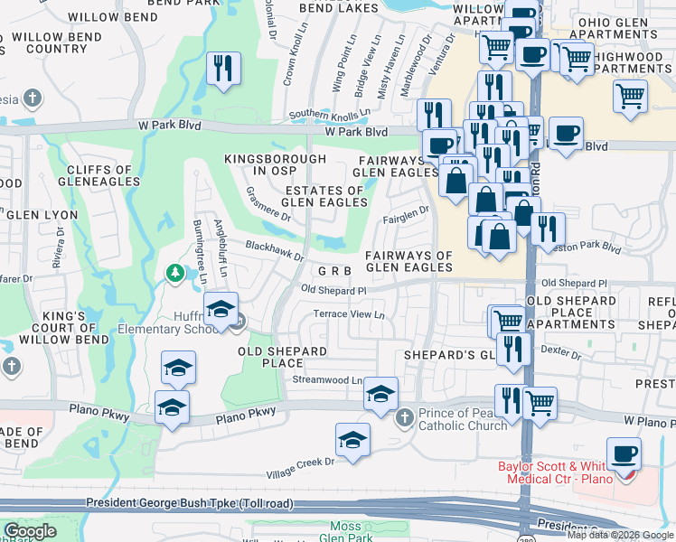 map of restaurants, bars, coffee shops, grocery stores, and more near 5205 Blackhawk Drive in Plano