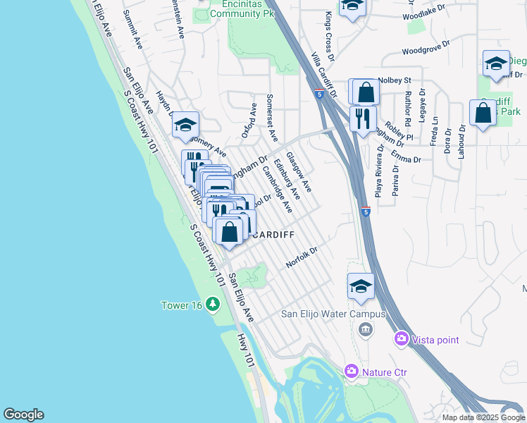 map of restaurants, bars, coffee shops, grocery stores, and more near 2127 Montgomery Avenue in Encinitas