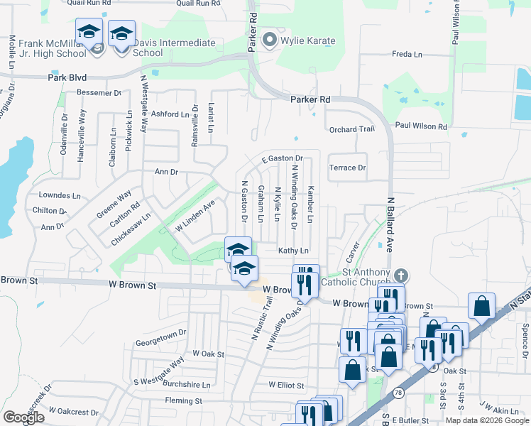 map of restaurants, bars, coffee shops, grocery stores, and more near 420 Graham Lane in Wylie