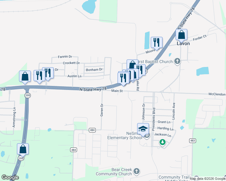 map of restaurants, bars, coffee shops, grocery stores, and more near 9872 Main Street in Lavon