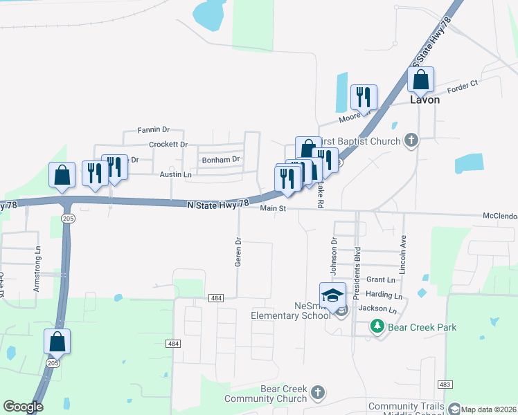 map of restaurants, bars, coffee shops, grocery stores, and more near 9918 Main Street in Lavon