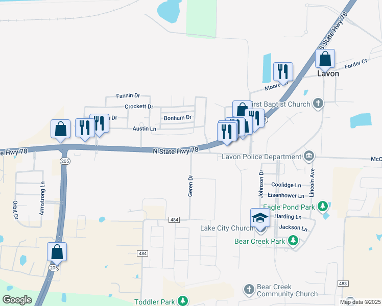 map of restaurants, bars, coffee shops, grocery stores, and more near 18110 Main Street in Lavon
