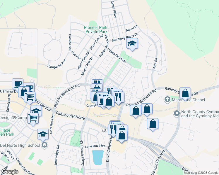 map of restaurants, bars, coffee shops, grocery stores, and more near 10551 Sanshey Lane in San Diego