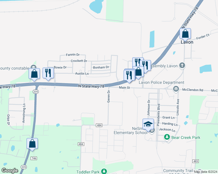 map of restaurants, bars, coffee shops, grocery stores, and more near 18130 Main Street in Lavon
