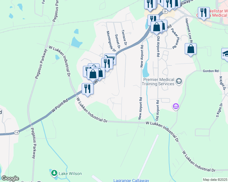 map of restaurants, bars, coffee shops, grocery stores, and more near 2111 West Point Road in LaGrange