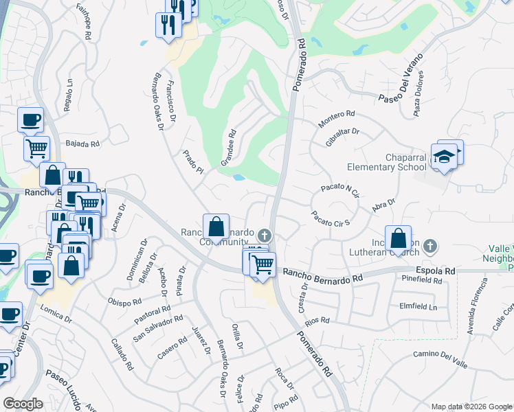 map of restaurants, bars, coffee shops, grocery stores, and more near 17096 Tesoro Drive in San Diego