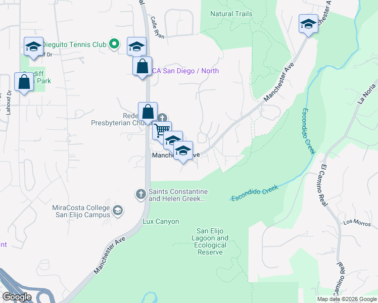 map of restaurants, bars, coffee shops, grocery stores, and more near 3703 Manchester Avenue in Encinitas