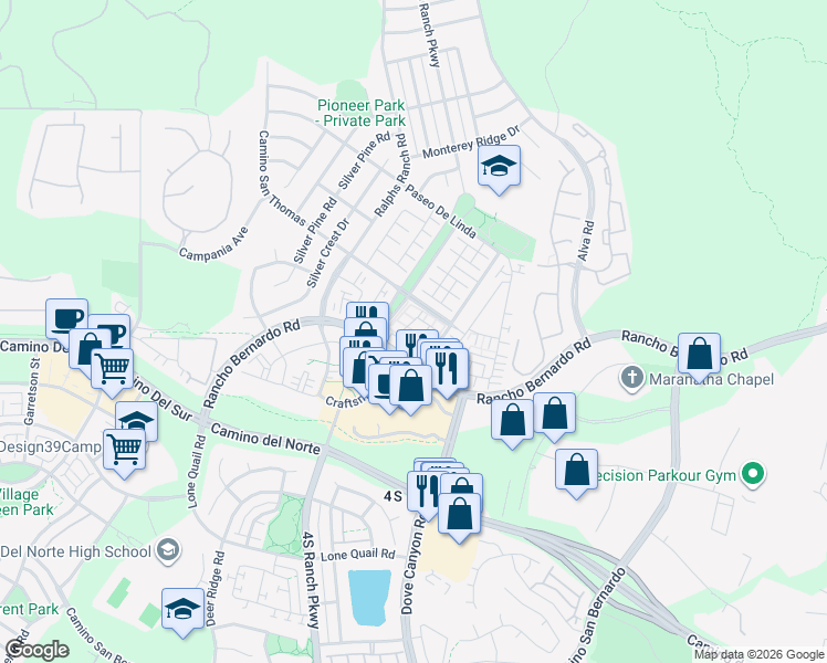 map of restaurants, bars, coffee shops, grocery stores, and more near 16926 4S Ranch Parkway in San Diego
