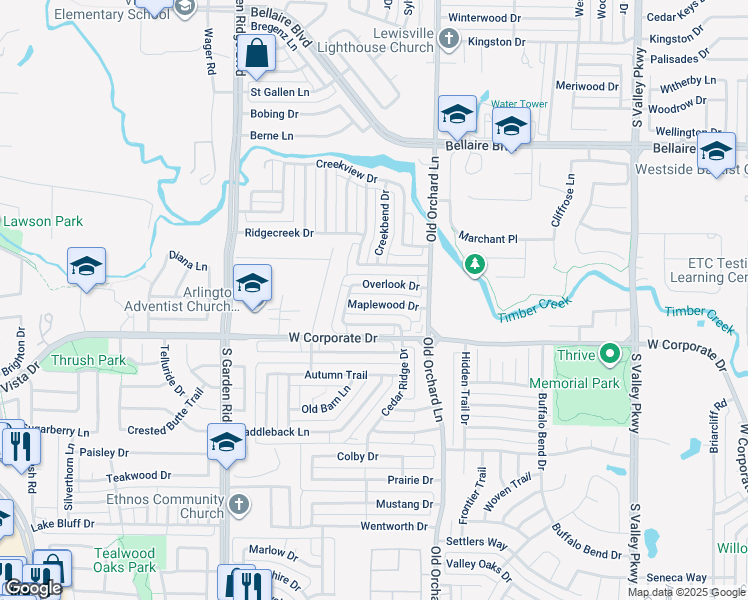 map of restaurants, bars, coffee shops, grocery stores, and more near 1333 Maplewood Drive in Lewisville