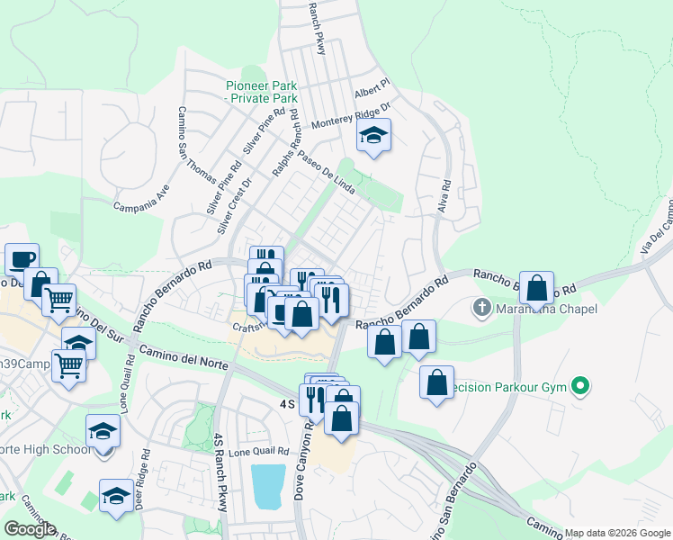 map of restaurants, bars, coffee shops, grocery stores, and more near 10488 Hollingsworth Way in San Diego