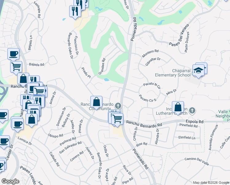 map of restaurants, bars, coffee shops, grocery stores, and more near 17096 Tesoro Drive in San Diego