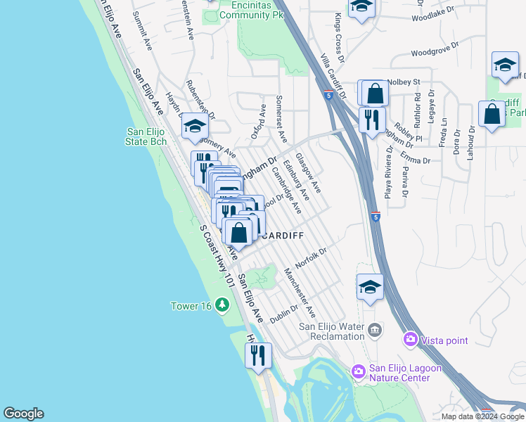 map of restaurants, bars, coffee shops, grocery stores, and more near 2080 Montgomery Avenue in Encinitas