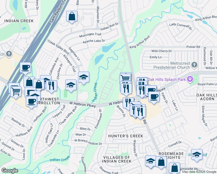 map of restaurants, bars, coffee shops, grocery stores, and more near 4171 Creekhollow Drive in Carrollton