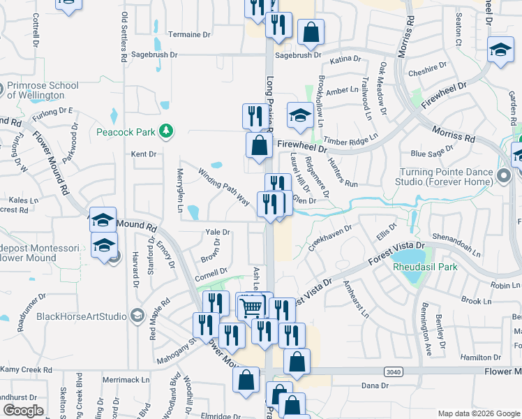 map of restaurants, bars, coffee shops, grocery stores, and more near 2604 Winding Path Way in Flower Mound