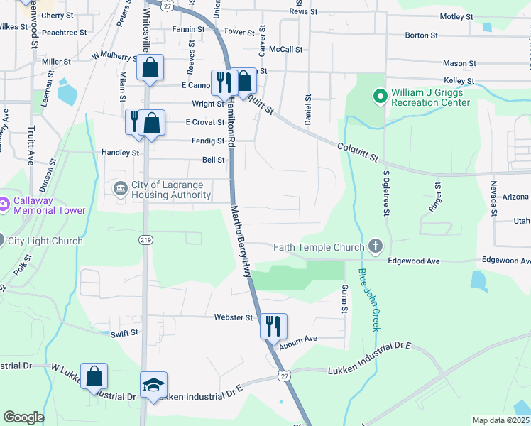 map of restaurants, bars, coffee shops, grocery stores, and more near 114 Royal Court in LaGrange