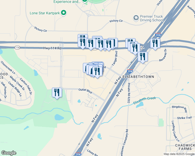 map of restaurants, bars, coffee shops, grocery stores, and more near 15853 North Freeway Service Road East in Fort Worth