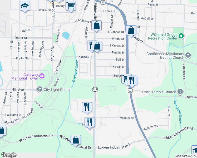 map of restaurants, bars, coffee shops, grocery stores, and more near 1102 Whitesville Road in LaGrange