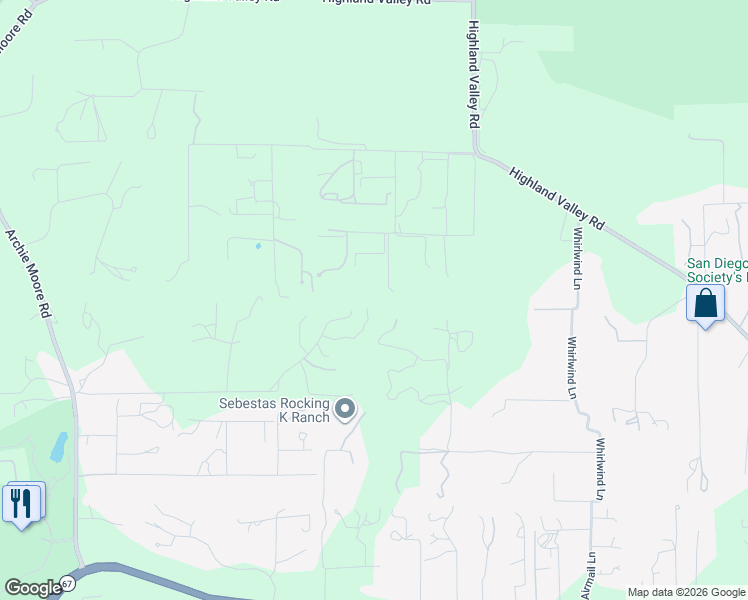 map of restaurants, bars, coffee shops, grocery stores, and more near 18011 Bluegrass Road in Ramona