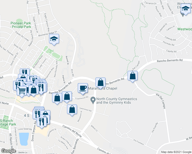 map of restaurants, bars, coffee shops, grocery stores, and more near 10790 Rancho Bernardo Road in San Diego