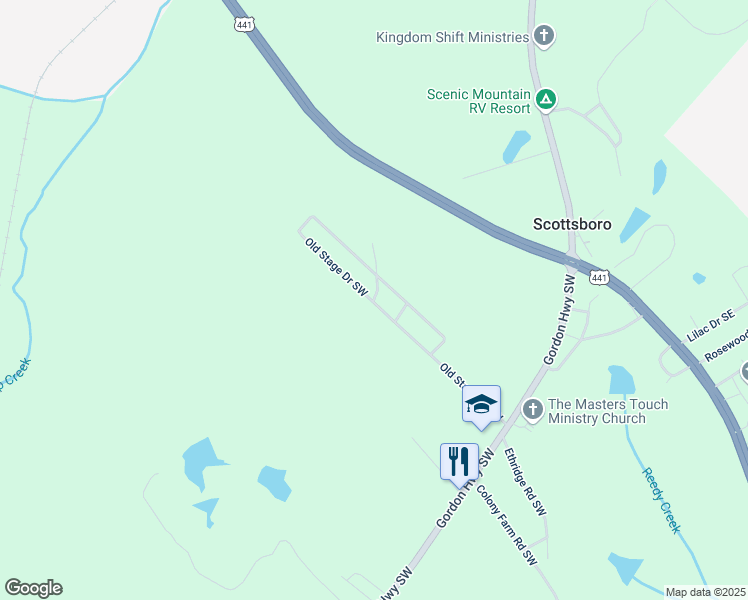 map of restaurants, bars, coffee shops, grocery stores, and more near 101 Sandy Lane in Milledgeville