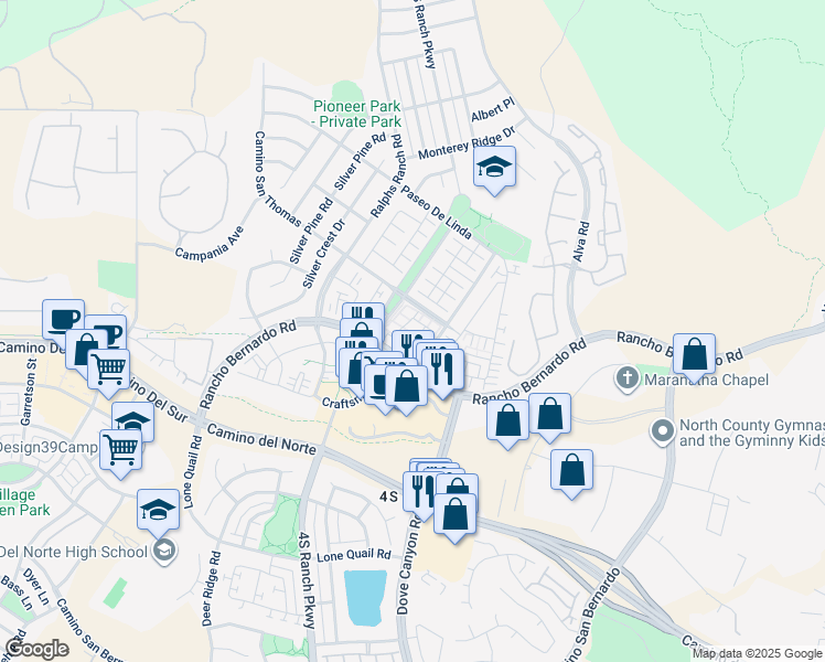 map of restaurants, bars, coffee shops, grocery stores, and more near 16926 Vasquez Way in San Diego