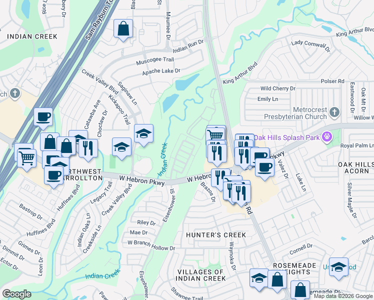 map of restaurants, bars, coffee shops, grocery stores, and more near 4171 Creekhollow Drive in Carrollton