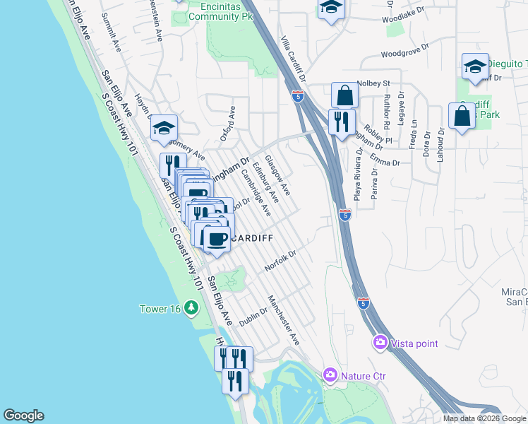 map of restaurants, bars, coffee shops, grocery stores, and more near in San Diego County
