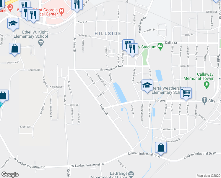 map of restaurants, bars, coffee shops, grocery stores, and more near 905 Taft Street in LaGrange